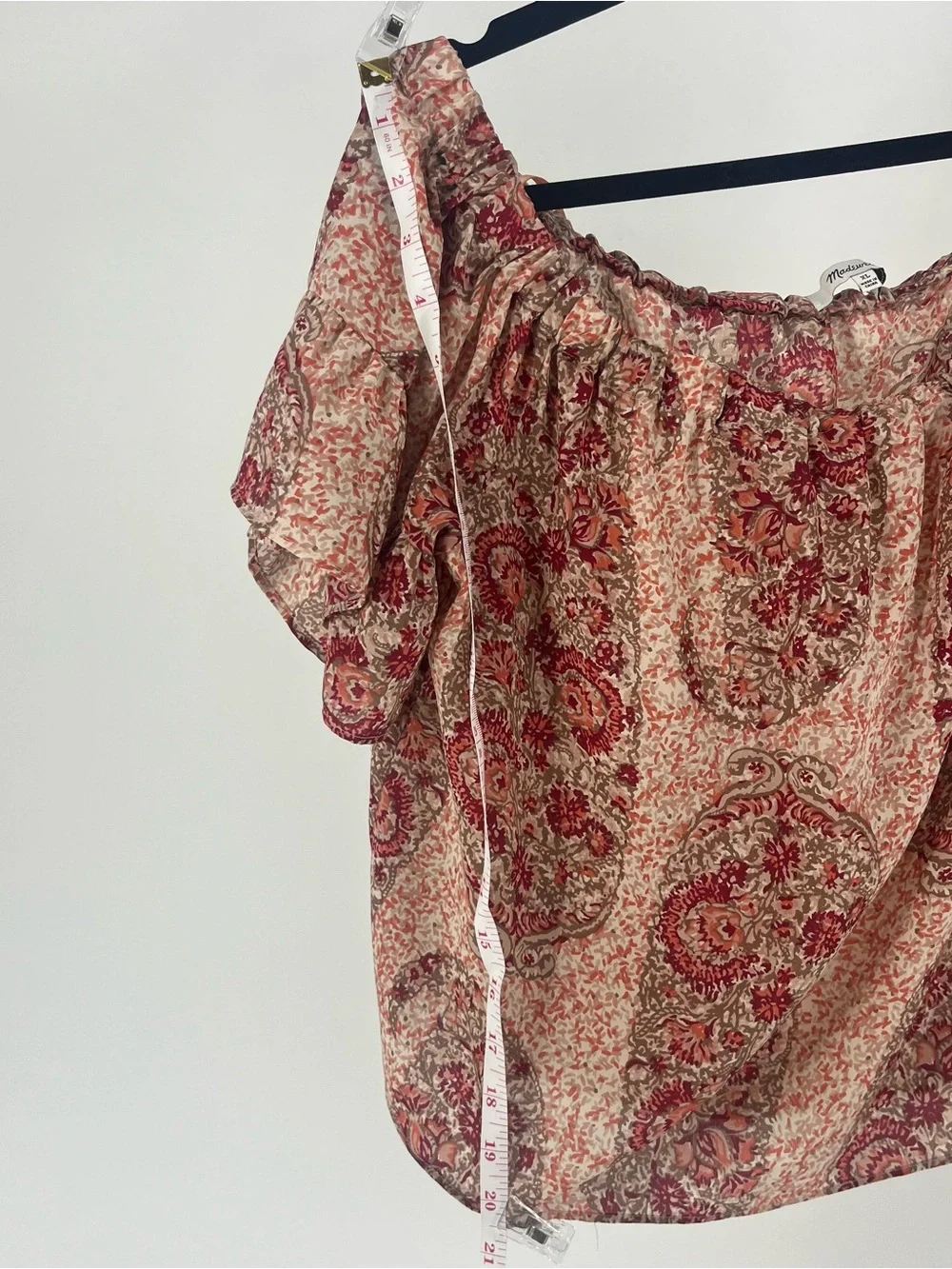 Madewell Red and Cream Paisley Off-Shoulder Blouse